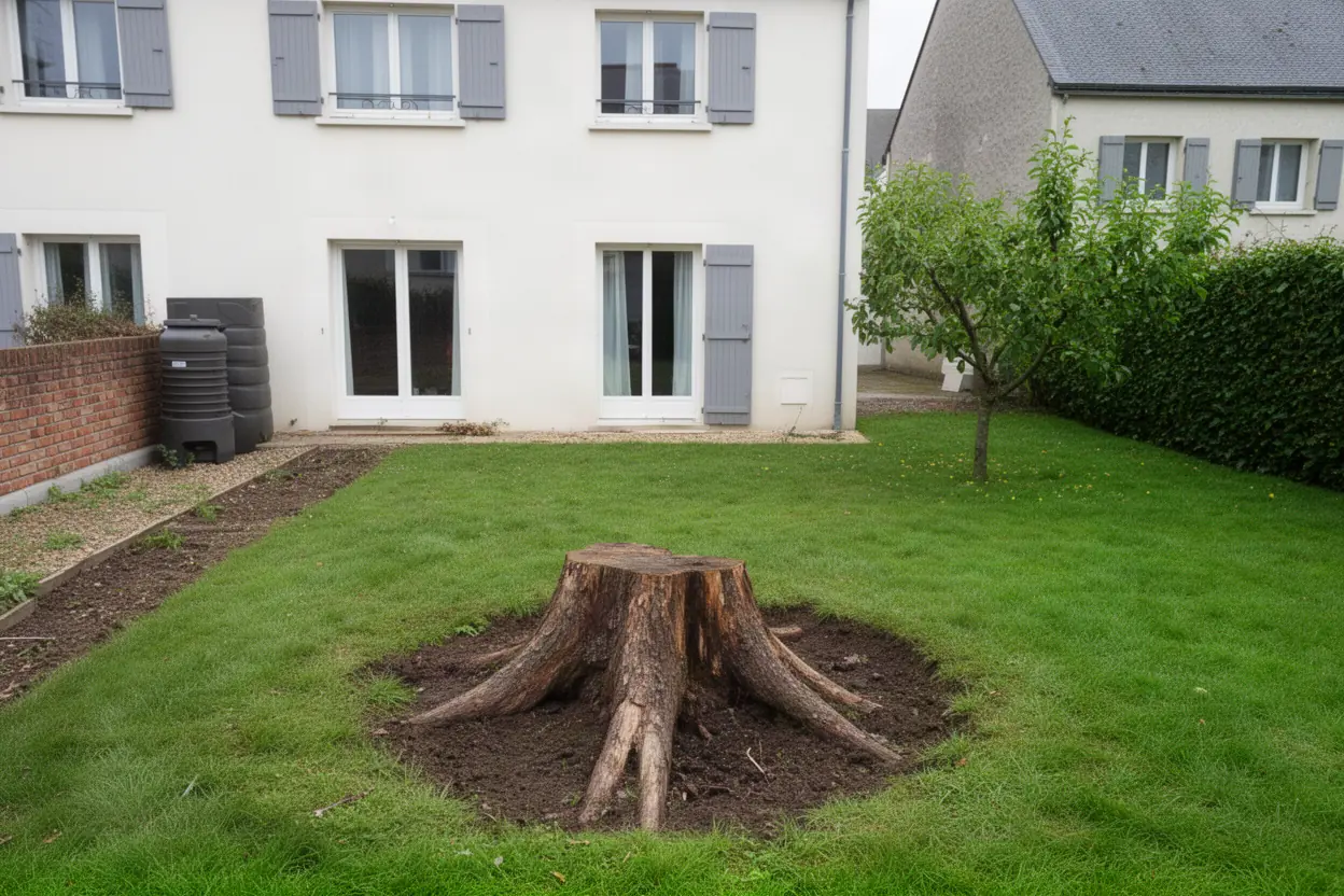 Souche visible avant rognage dans jardin au Mans
