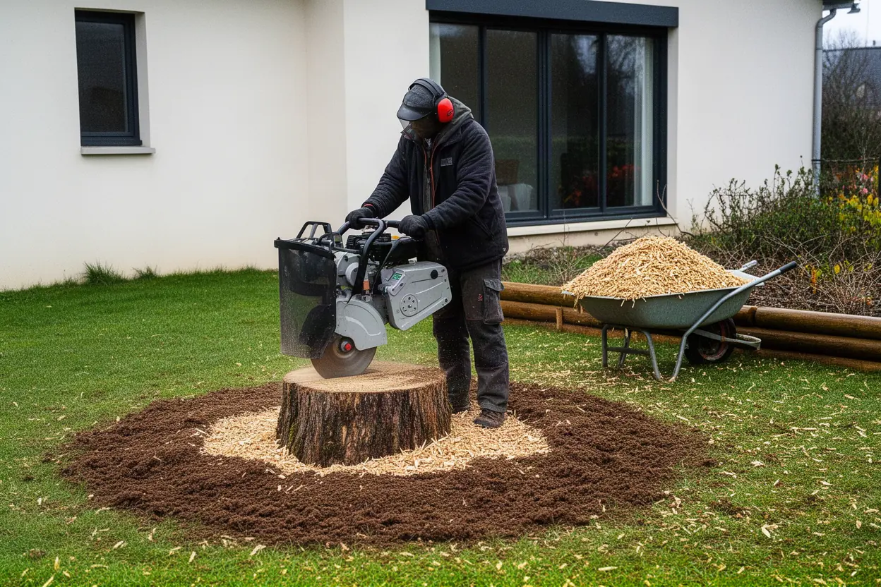 Rognage mécanique d'une souche dans un jardin allonnais