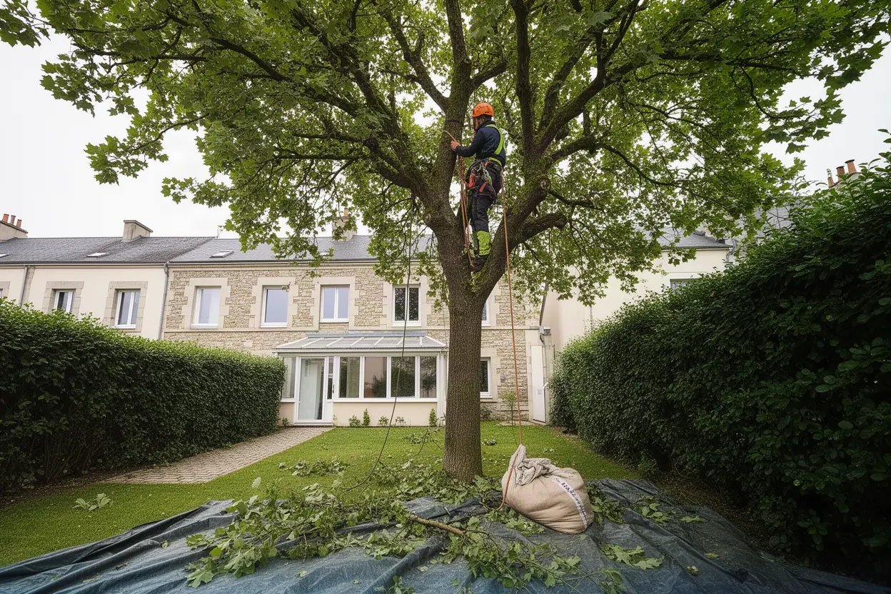 Élagueur grimpeur travaillant sur corde à Allonnes
